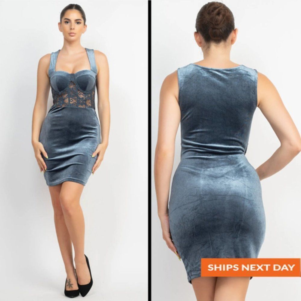 Floral Lace-Detailed Velvety Dress - Velvet Dress - Women's Velvet Dress